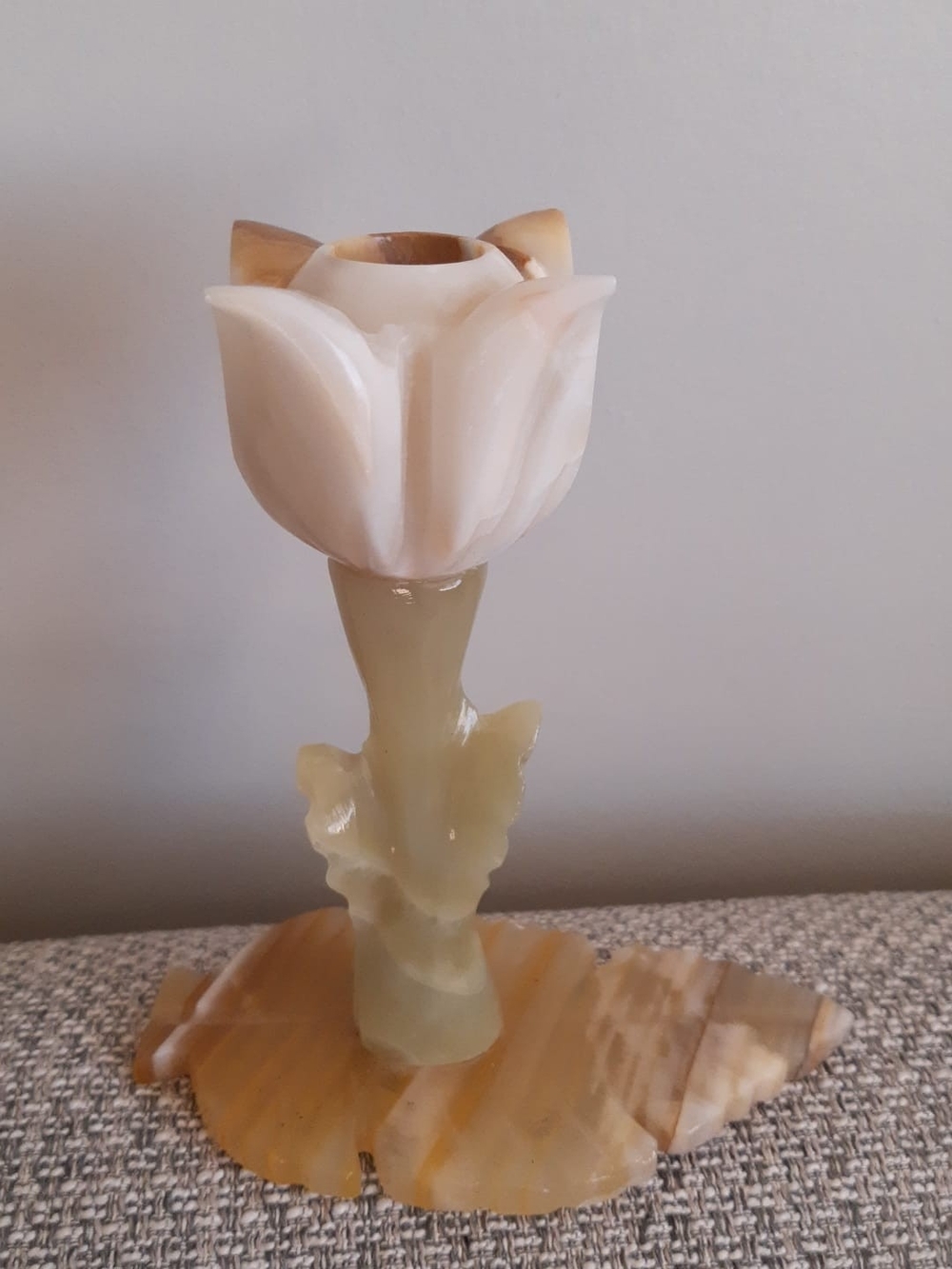 Hand-Carved Cream Onyx Tulip Candlestick Holder